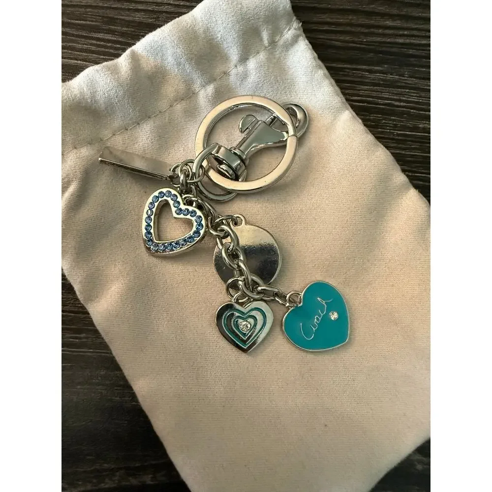 COACH Turquoise and Blue Heart Charm Key Ring